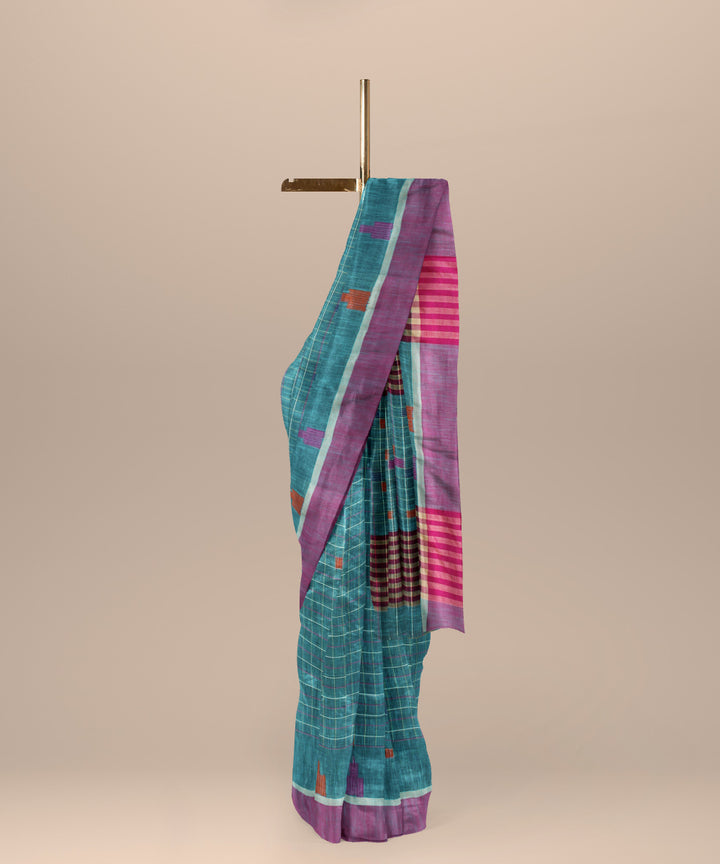 Cyan green purple cotton handloom bengal saree