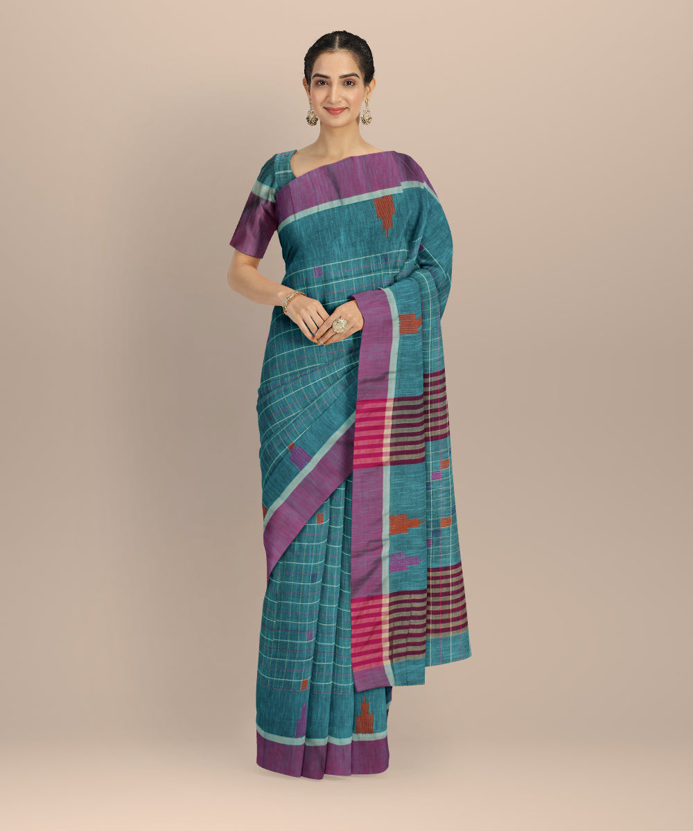 Cyan green purple cotton handloom bengal saree