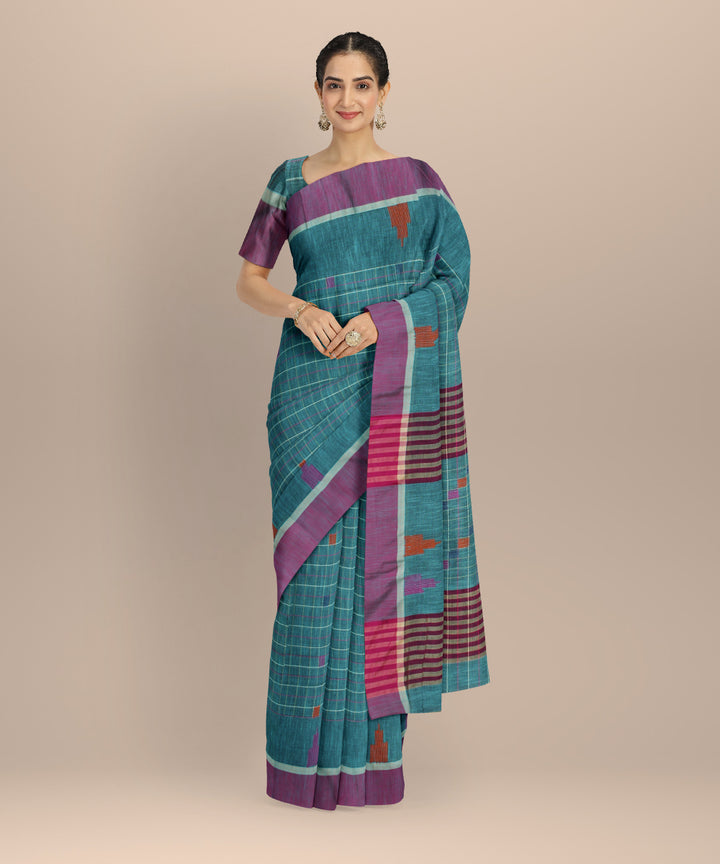 Cyan green purple cotton handloom bengal saree