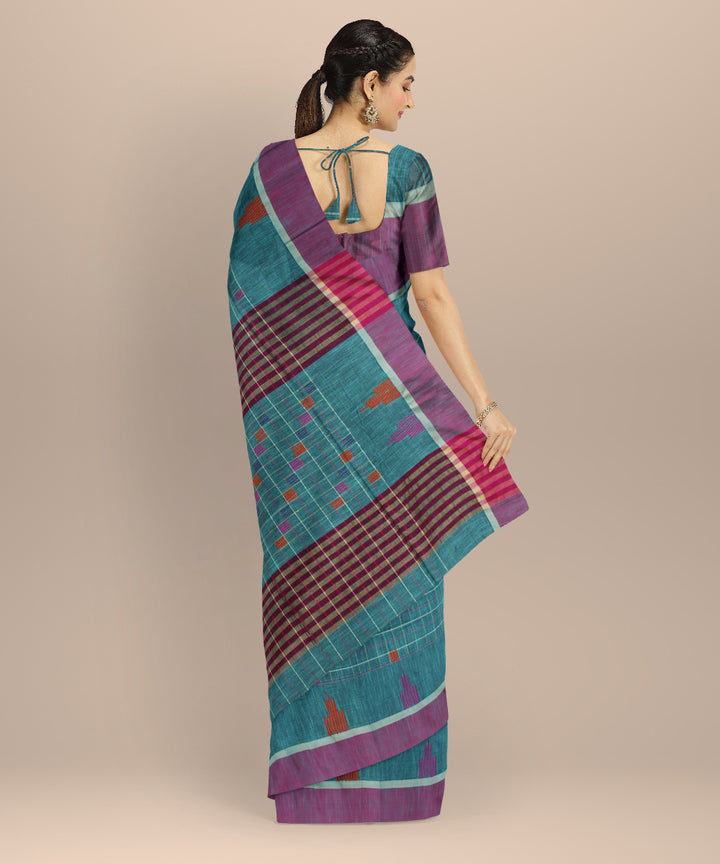 Cyan green purple cotton handloom bengal saree