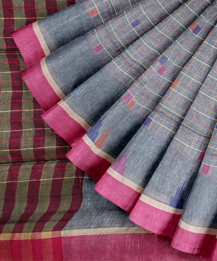 Grey pink cotton handloom bengal saree