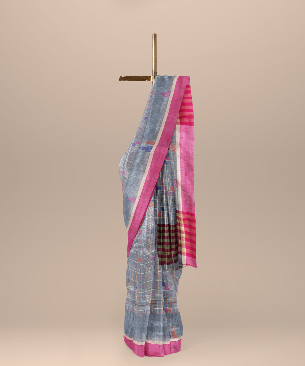 Grey pink cotton handloom bengal saree