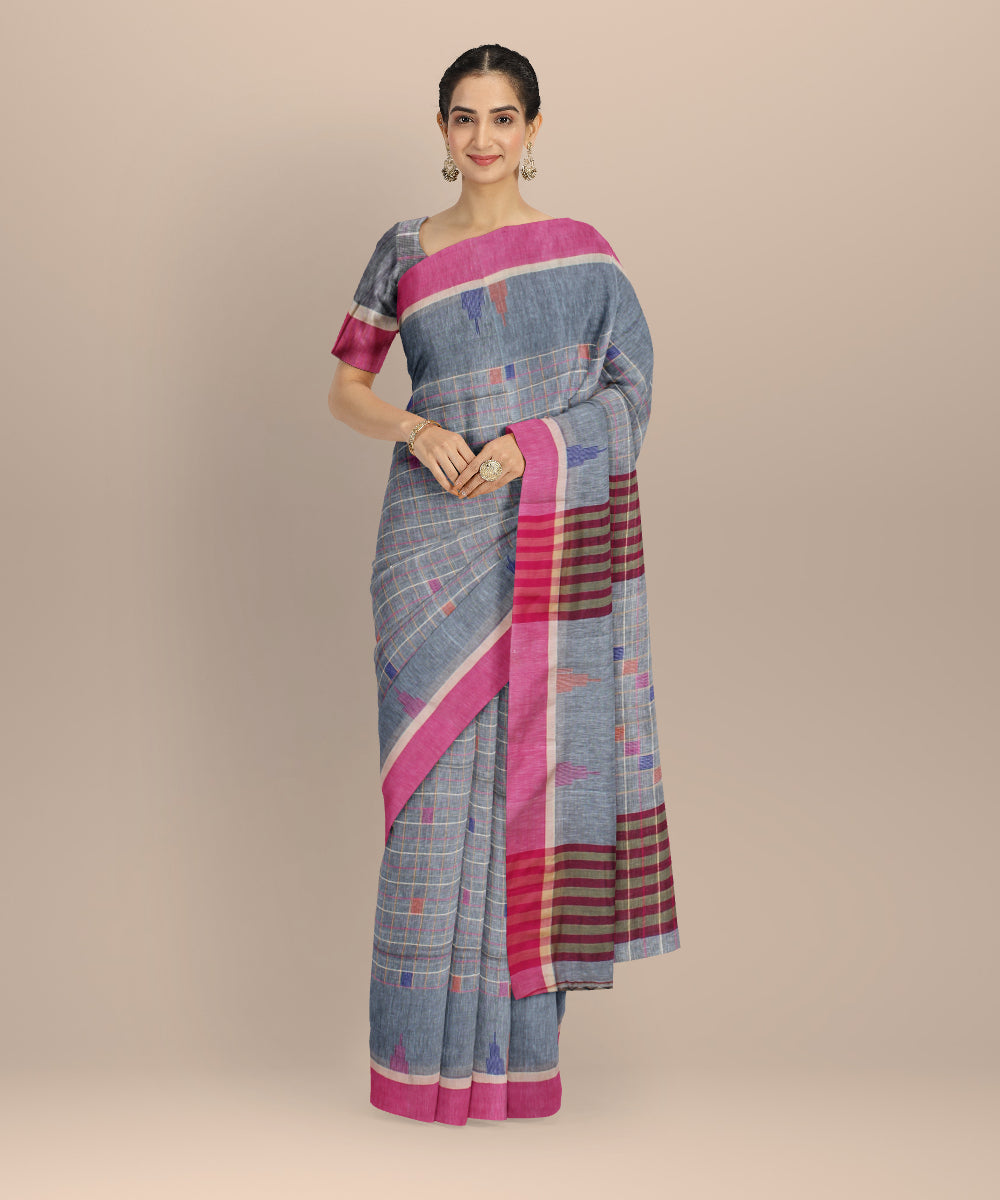 Grey pink cotton handloom bengal saree