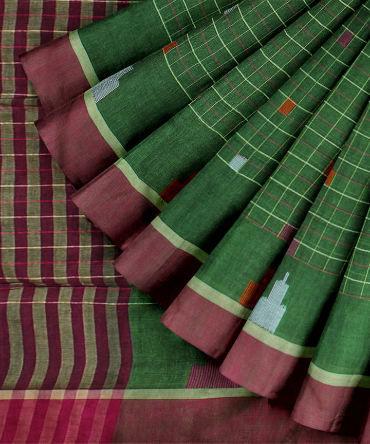 Lime green red cotton handloom bengal saree