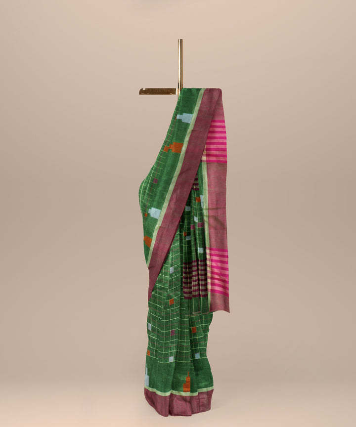 Lime green red cotton handloom bengal saree