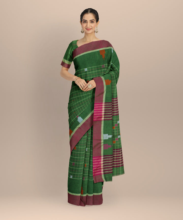 Lime green red cotton handloom bengal saree