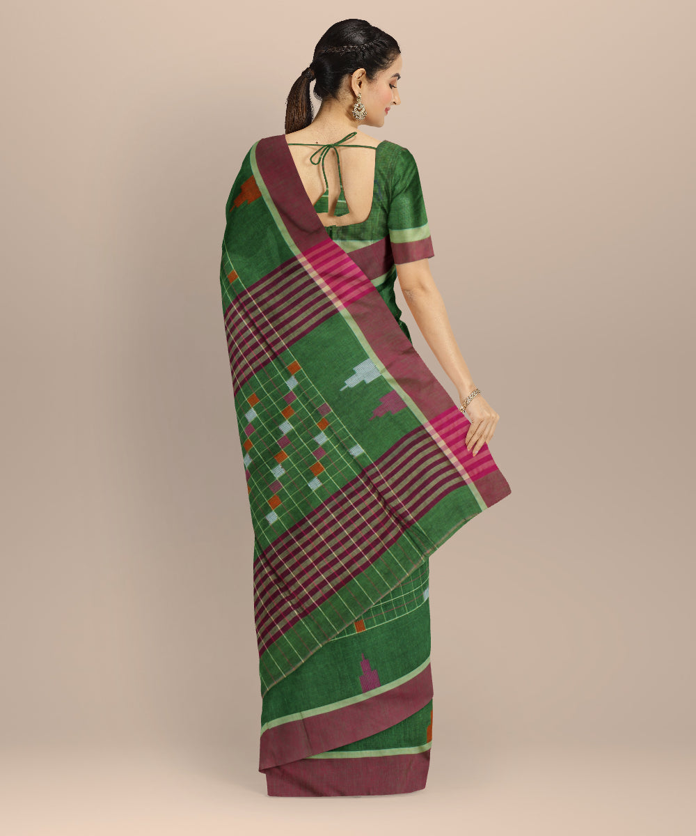 Lime green red cotton handloom bengal saree