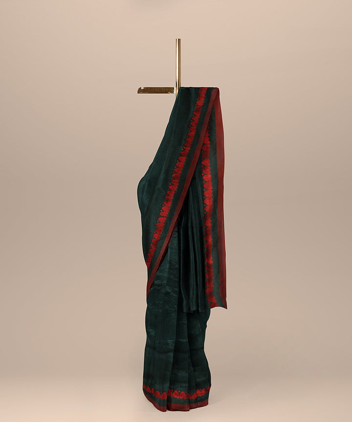 Dark green red handloom bengal cotton saree