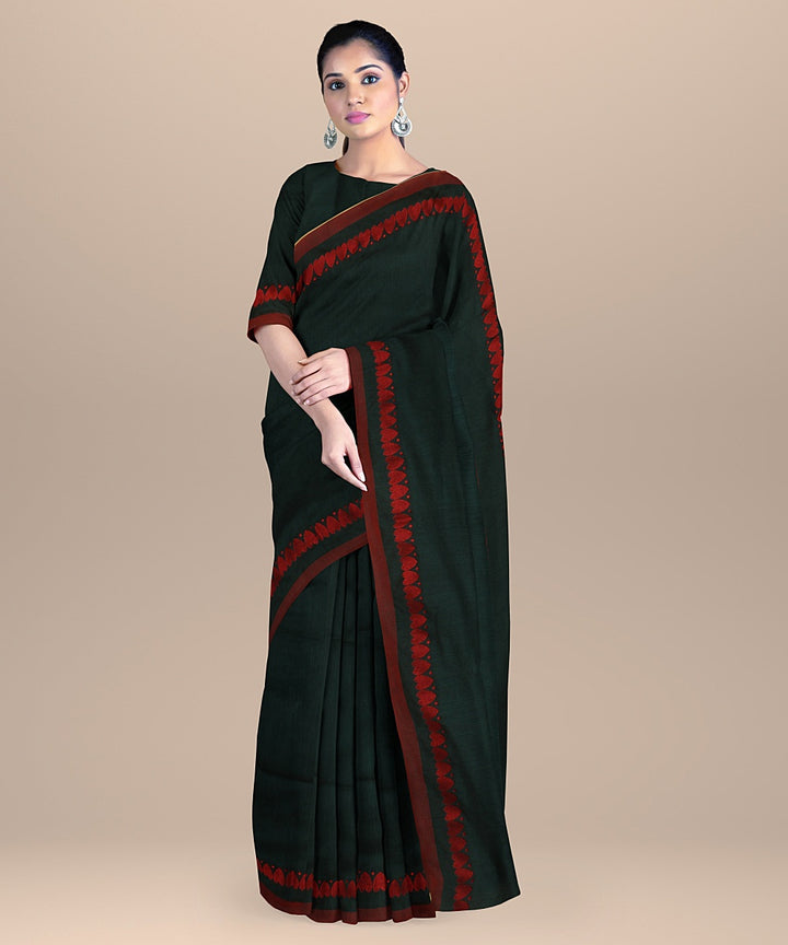 Dark green red handloom bengal cotton saree