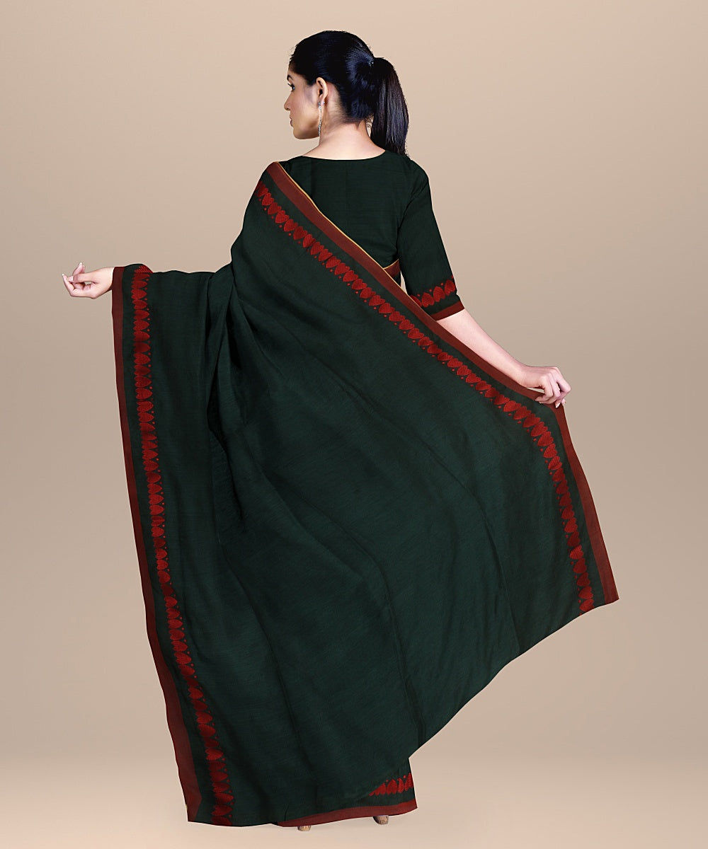 Dark green red handloom bengal cotton saree