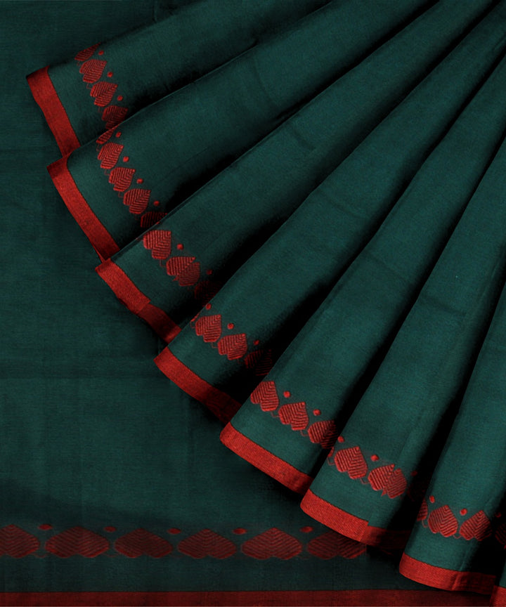 Dark green red bengal cotton handloom saree