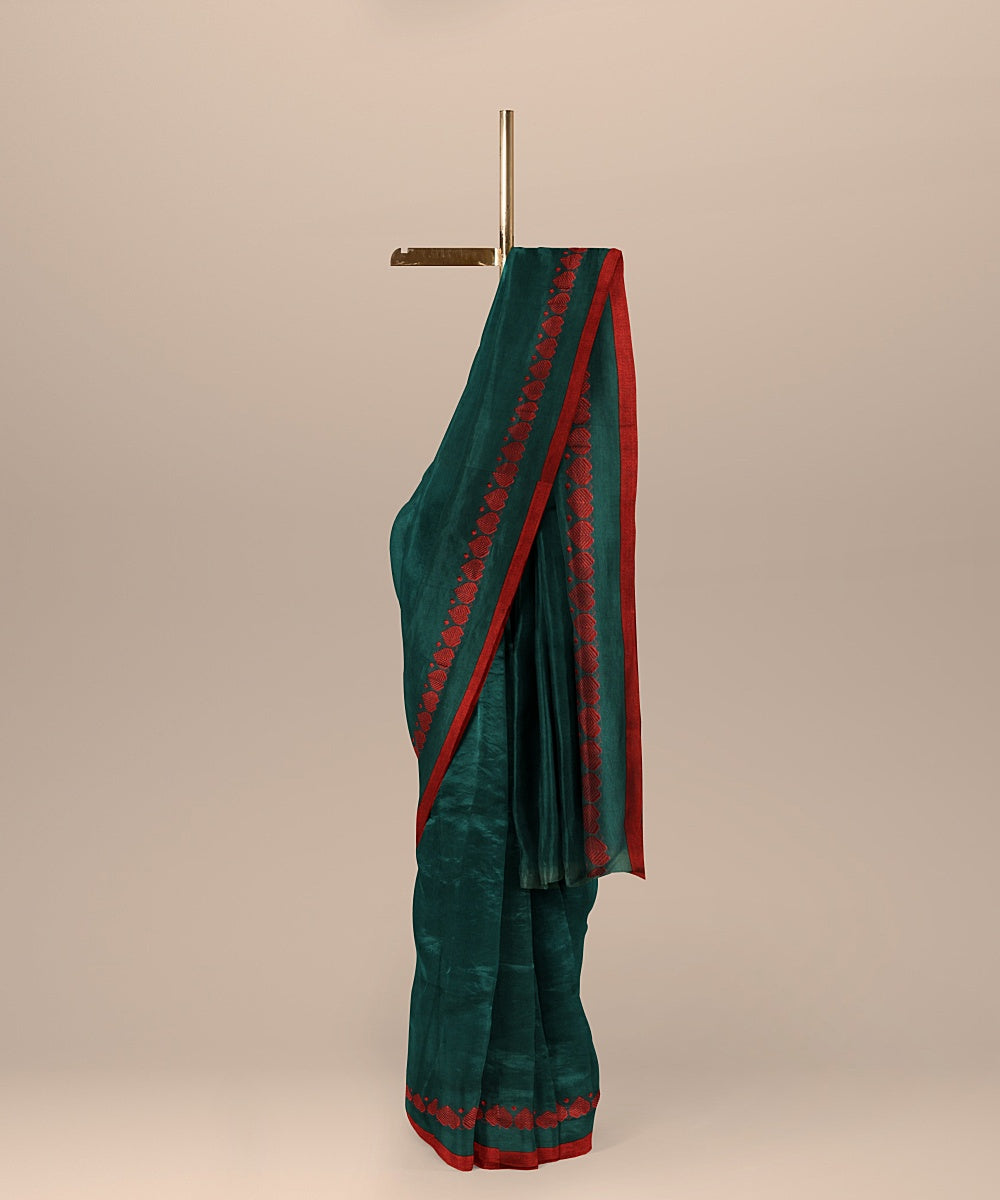 Dark green red bengal cotton handloom saree