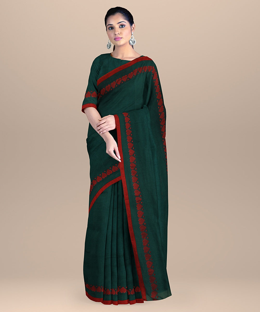 Dark green red bengal cotton handloom saree