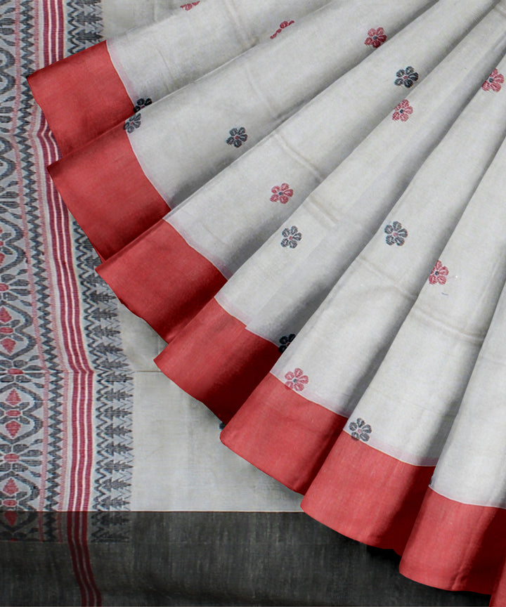 Beige red handloom bengal cotton saree