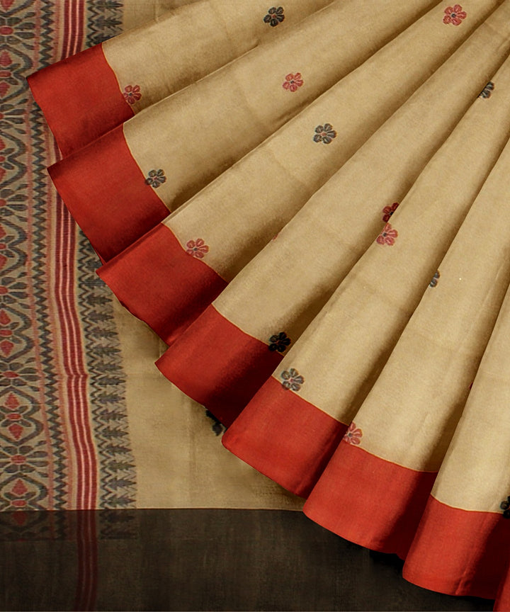 Beige red handloom bengal cotton saree