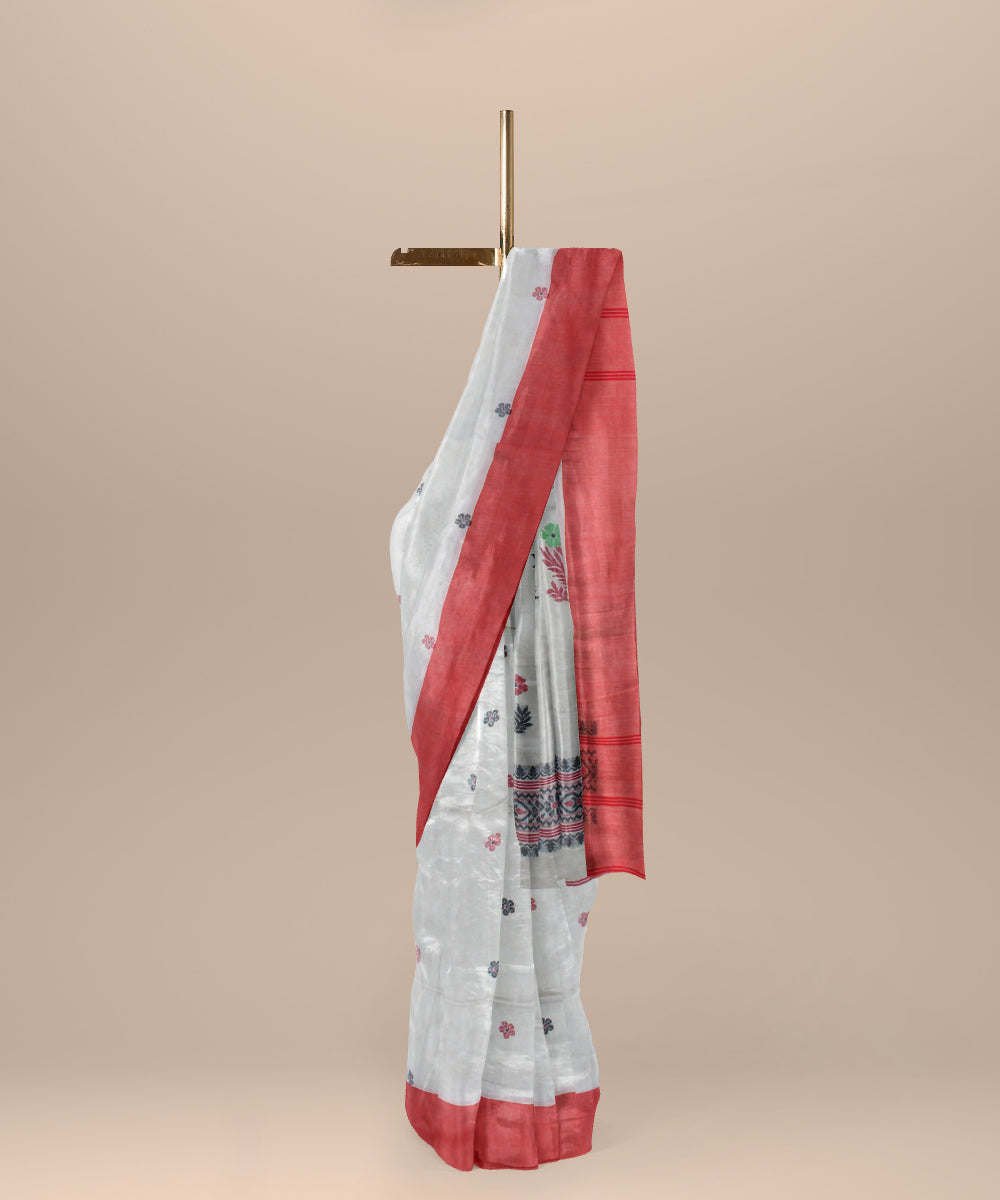 Beige red handloom bengal cotton saree