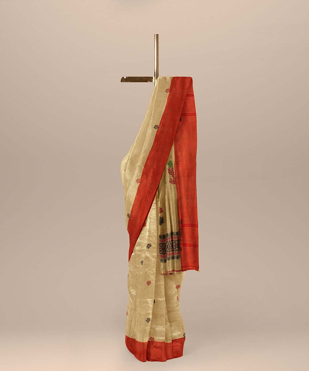 Beige red handloom bengal cotton saree