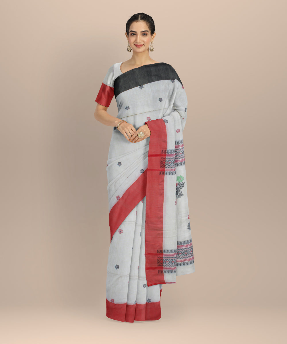 Beige red handloom bengal cotton saree