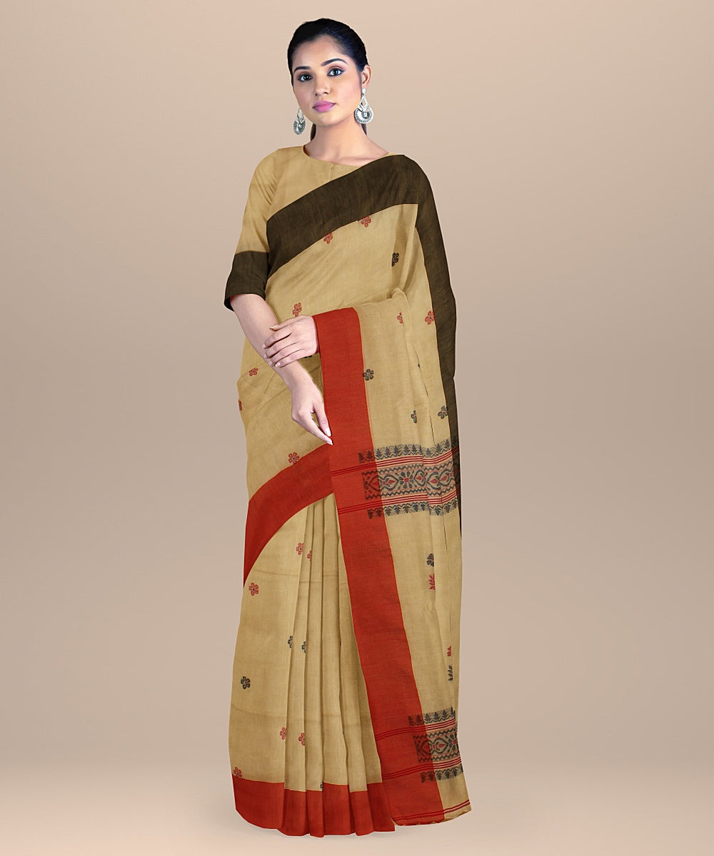 Beige red handloom bengal cotton saree