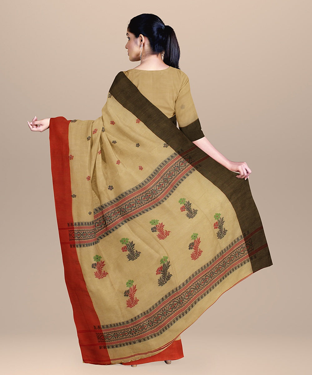 Beige red handloom bengal cotton saree