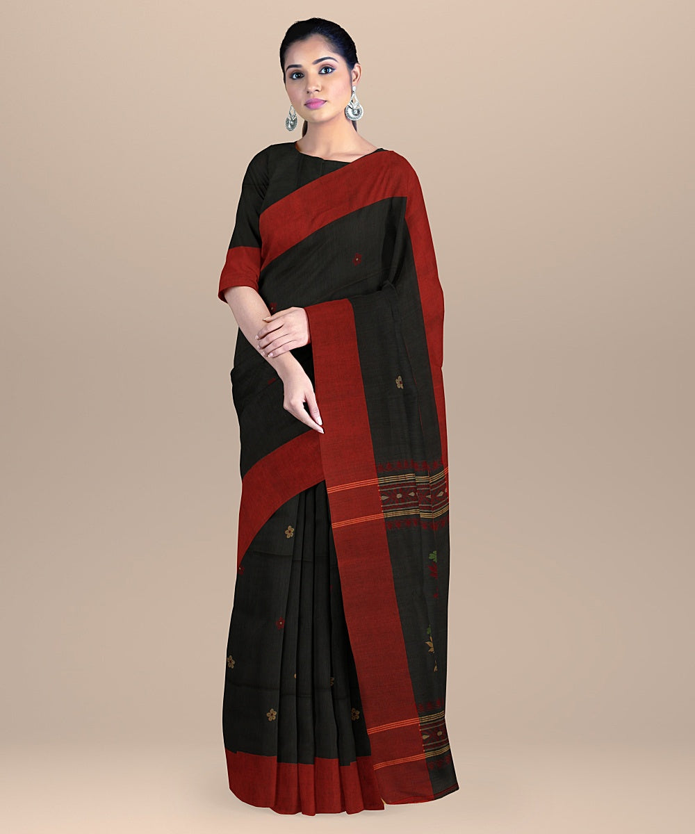 Olive green red handloom bengal cotton saree