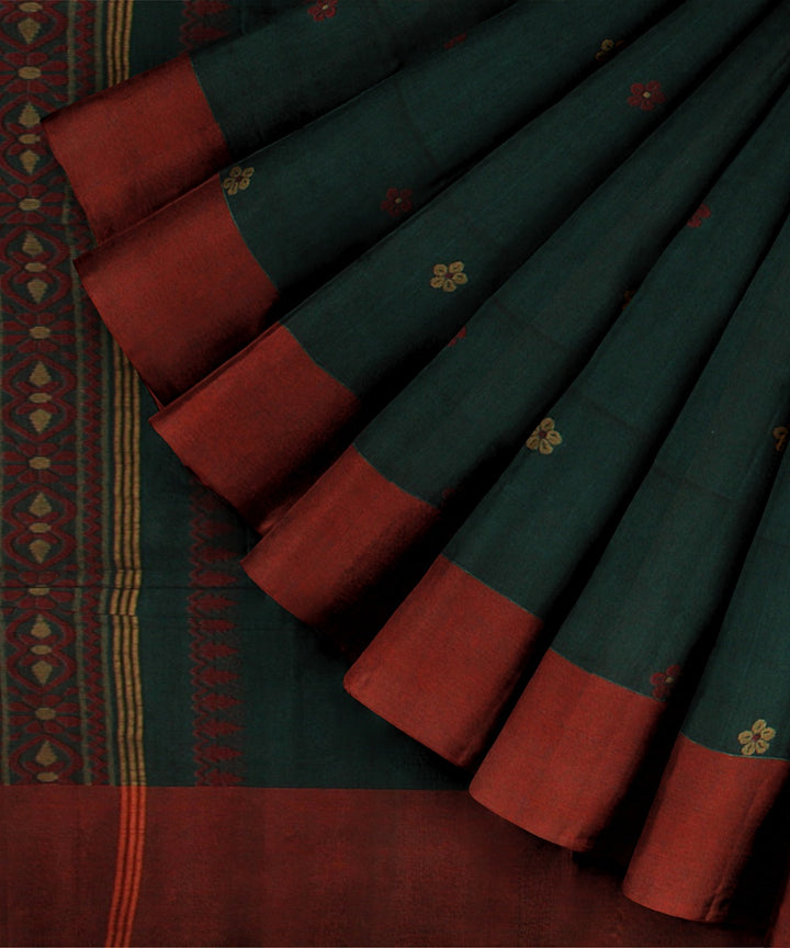 Dark green red handloom cotton bengal saree