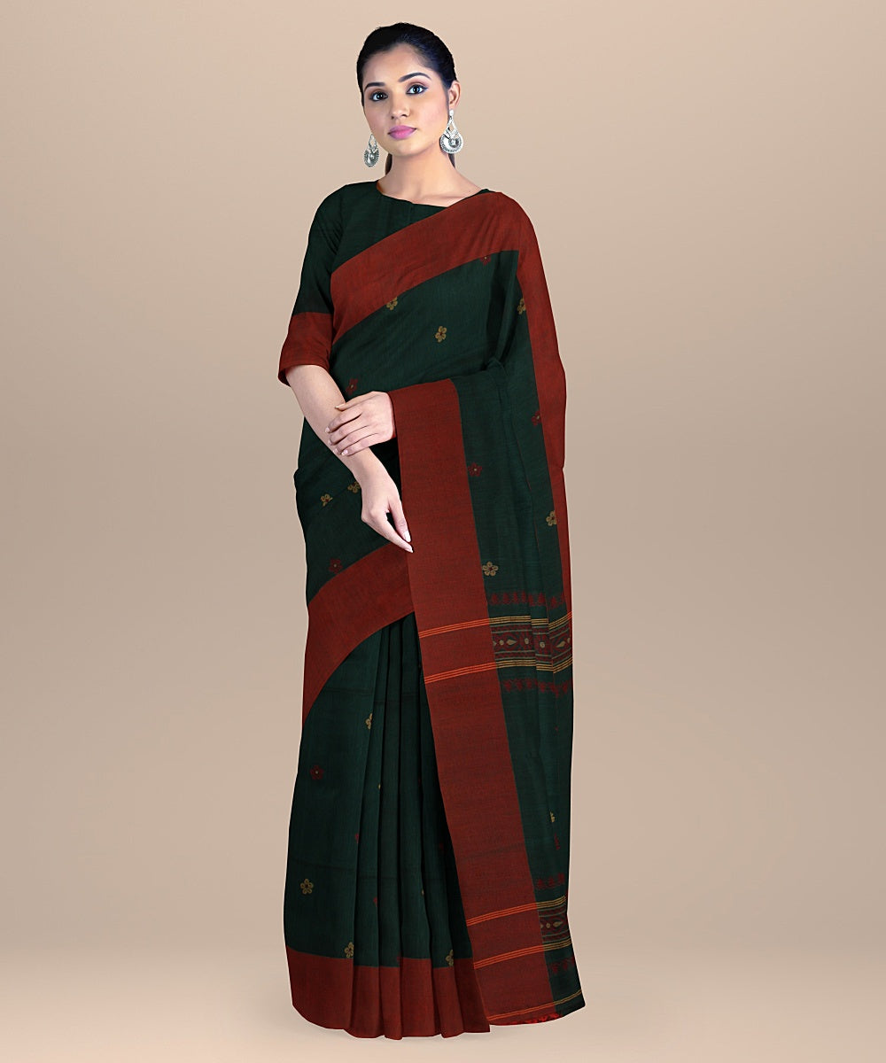 Dark green red handloom cotton bengal saree