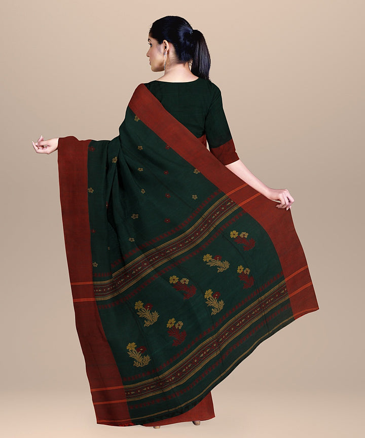 Dark green red handloom cotton bengal saree