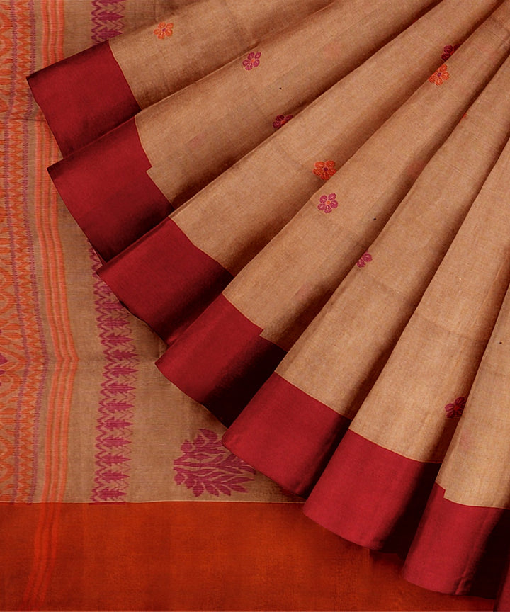 Beige orange handloom cotton bengal saree