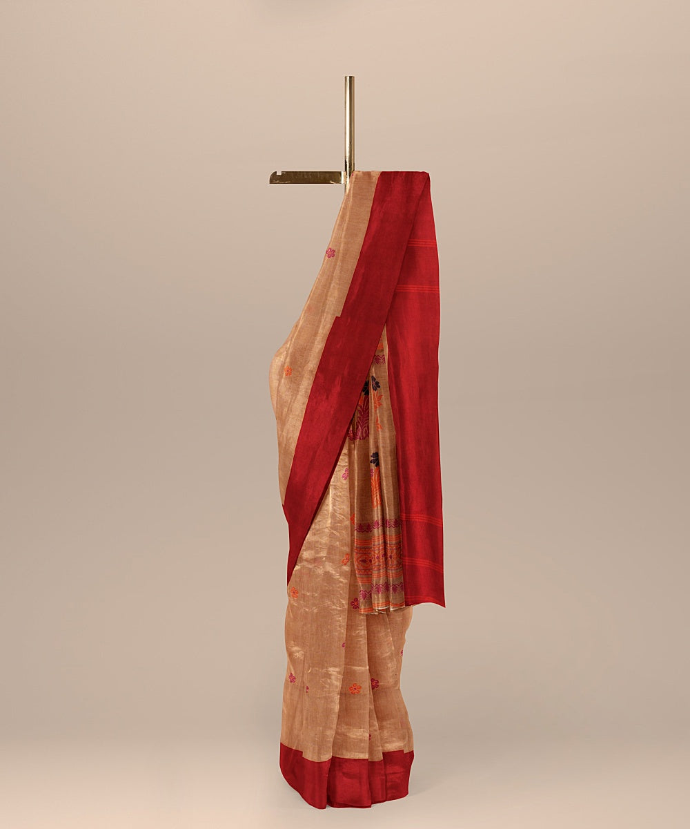 Beige orange handloom cotton bengal saree