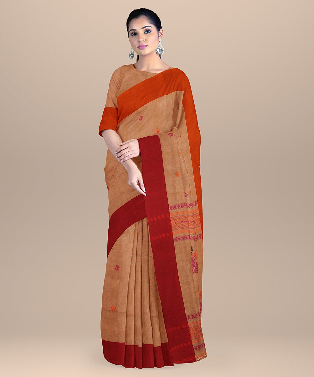 Beige orange handloom cotton bengal saree