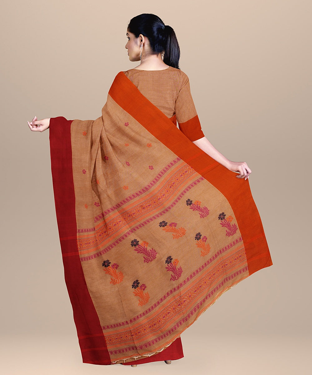 Beige orange handloom cotton bengal saree