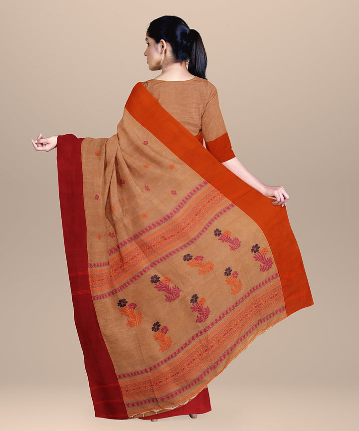 Beige orange handloom cotton bengal saree