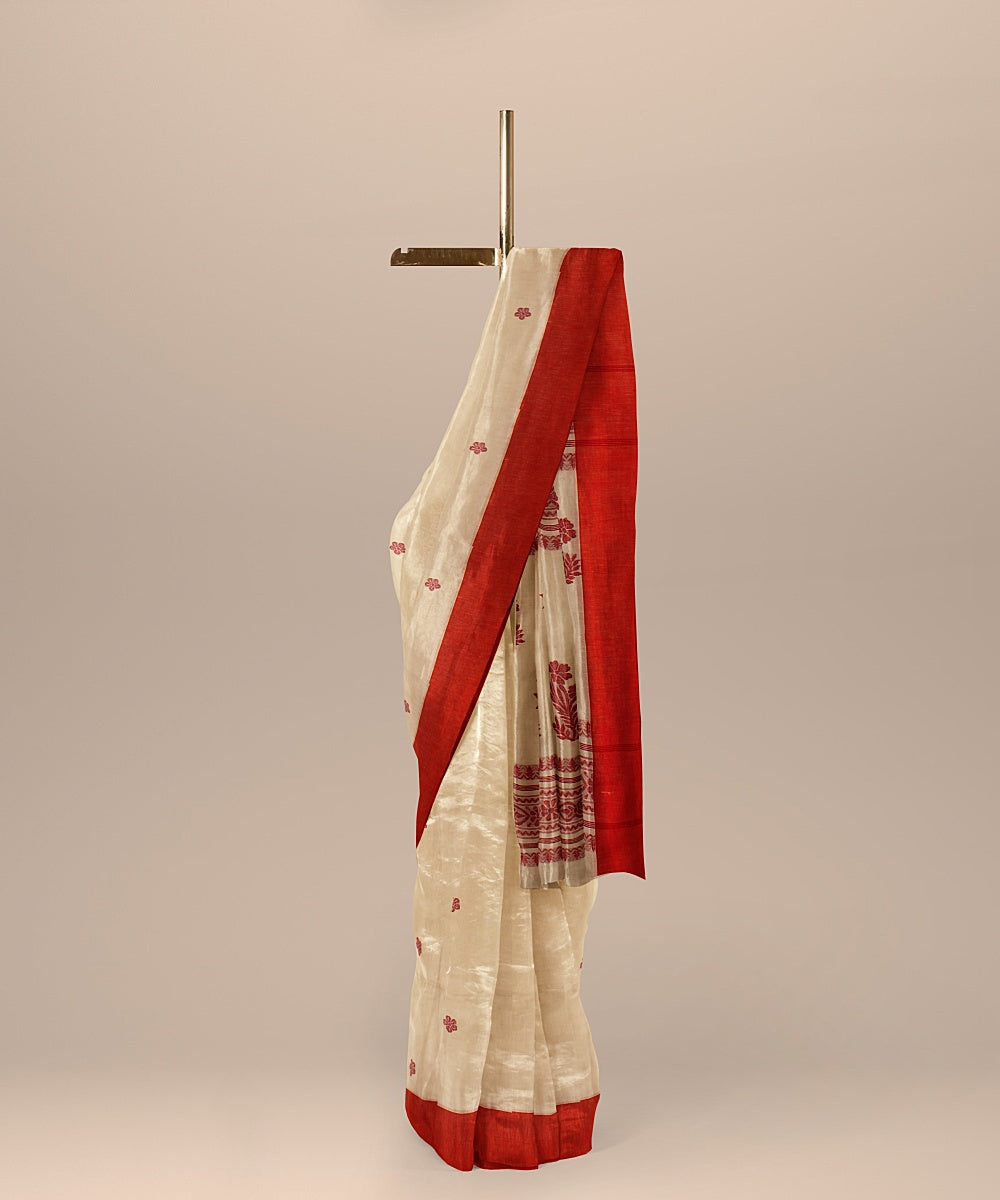 Cream red cotton handloom bengal saree