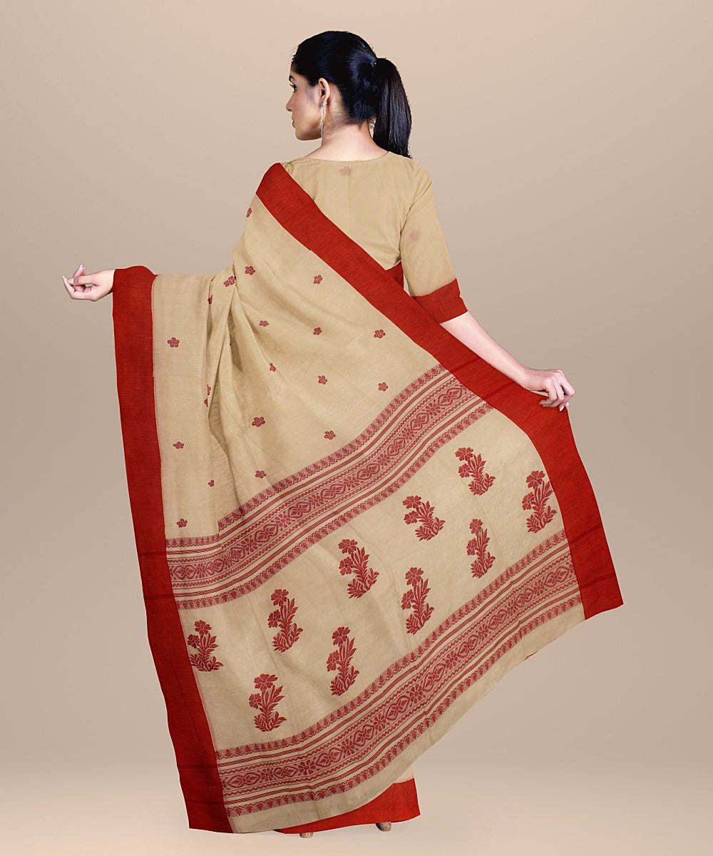 Cream red cotton handloom bengal saree