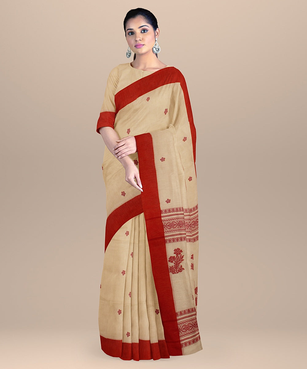 Cream red cotton handloom bengal saree