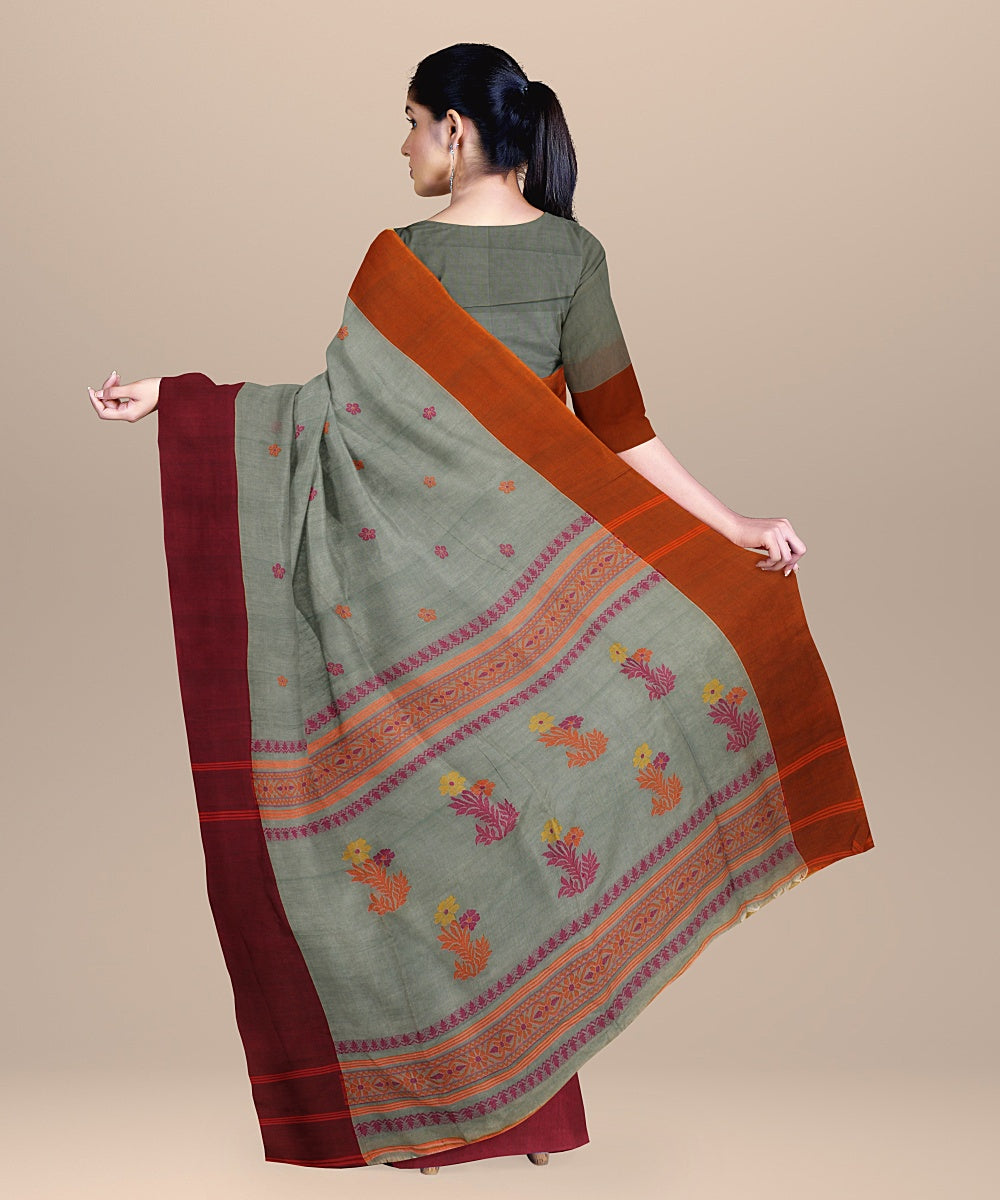 Sky blue orange handloom cotton bengal saree