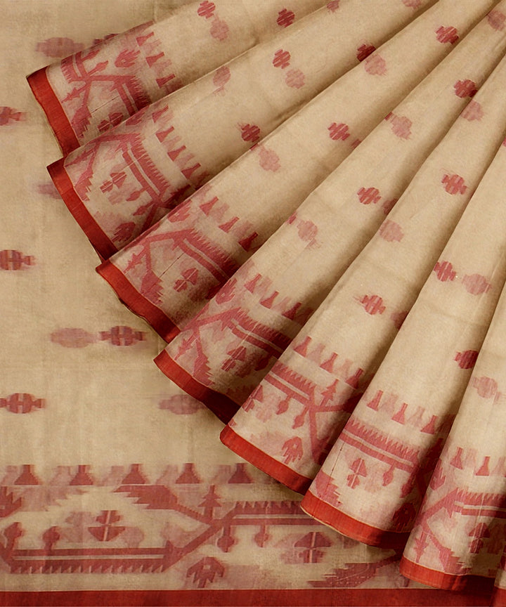 Peach red handloom cotton bengal saree