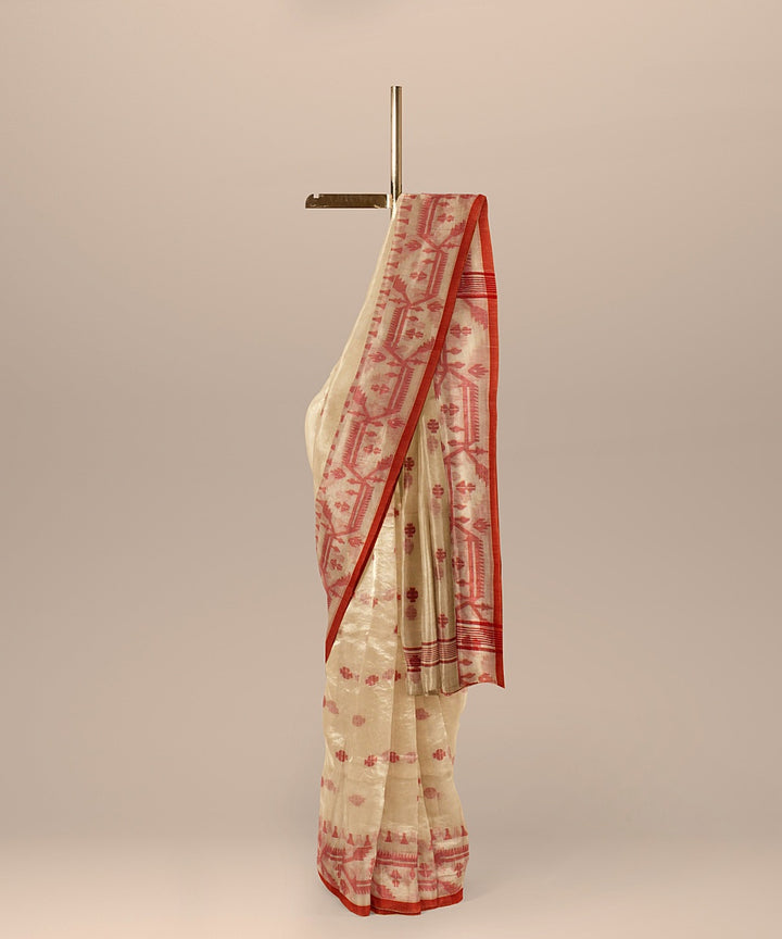 Peach red handloom cotton bengal saree