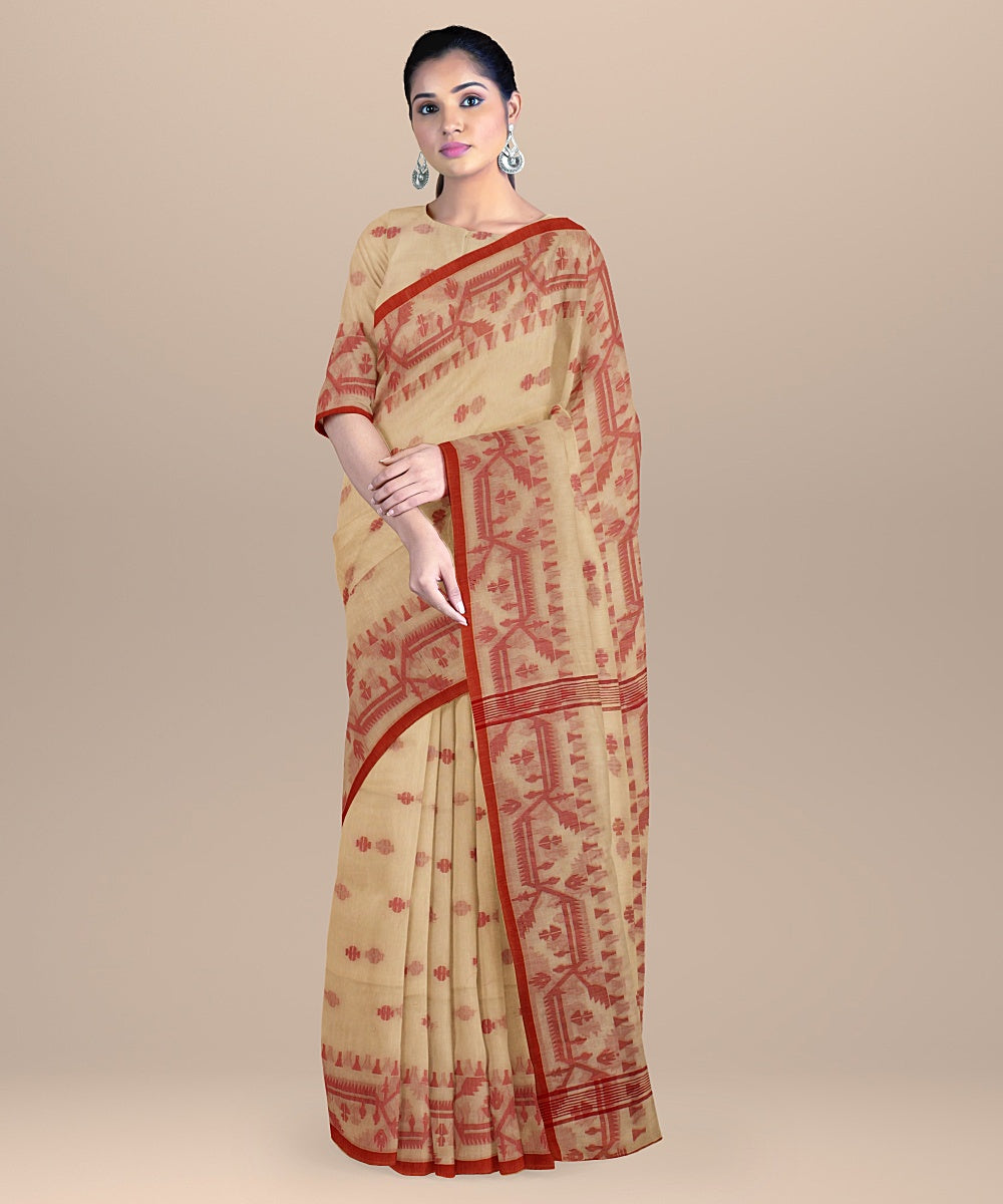 Peach red handloom cotton bengal saree