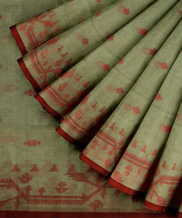 Olive green red handloom cotton bengal saree