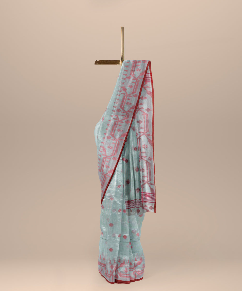 Olive green red handloom cotton bengal saree