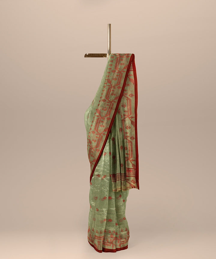 Olive green red handloom cotton bengal saree