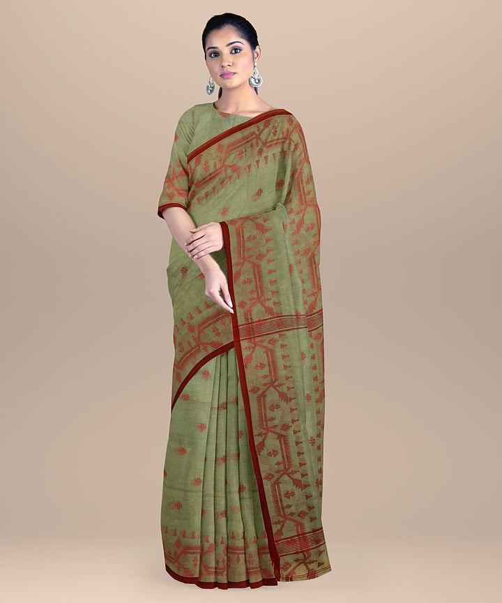 Olive green red handloom cotton bengal saree