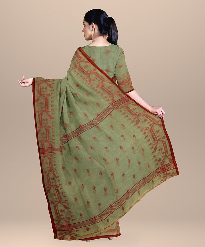 Olive green red handloom cotton bengal saree