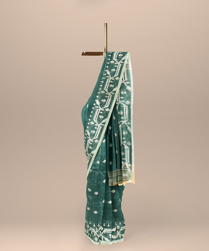 Dark green white cotton handloom bengal saree