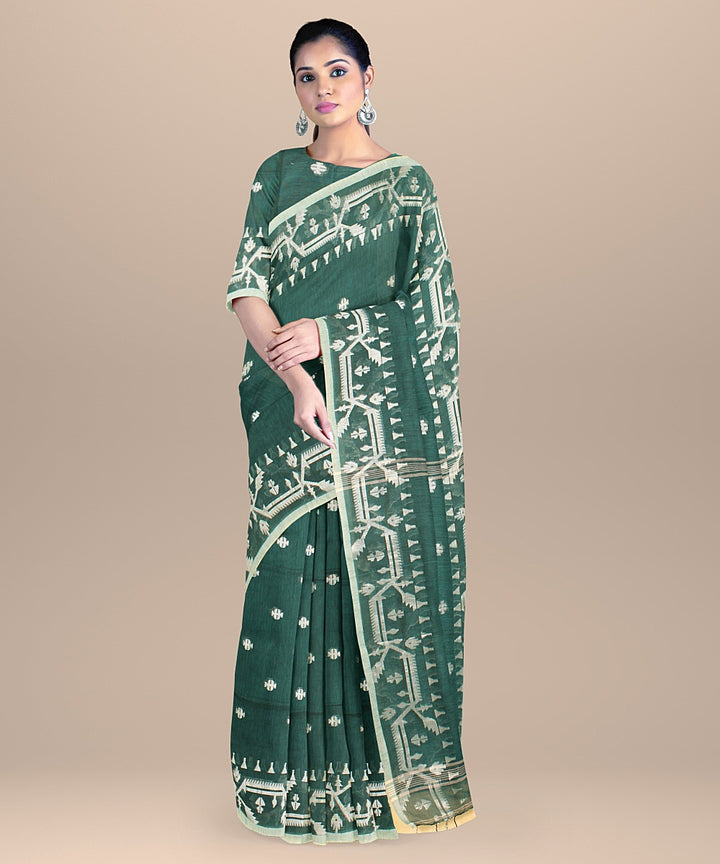 Dark green white cotton handloom bengal saree