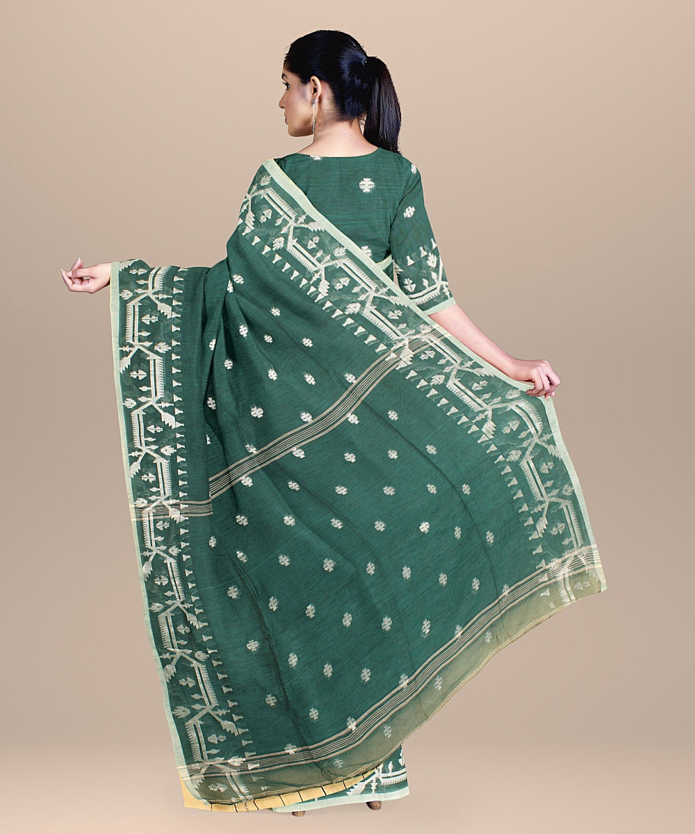 Dark green white cotton handloom bengal saree