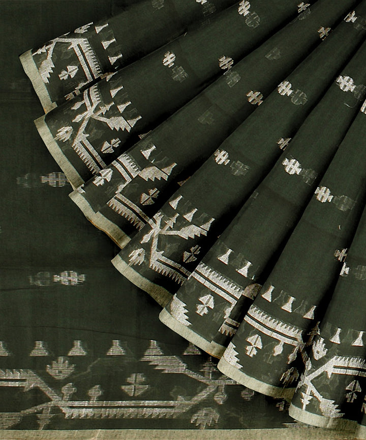 Dark green white cotton bengal handloom saree