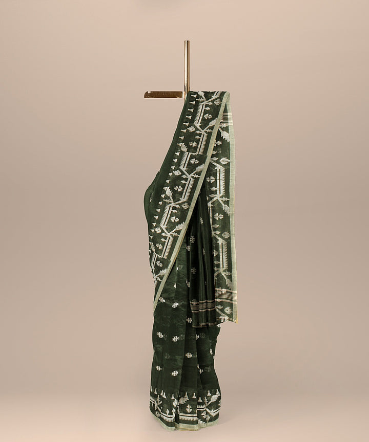 Dark green white cotton bengal handloom saree